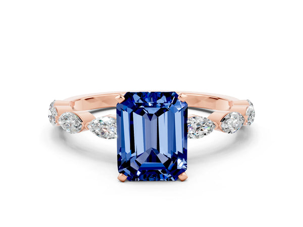 Rose gold Emerald Cut Blue Sapphire Ring with Marquise Side Stones and Prong Setting