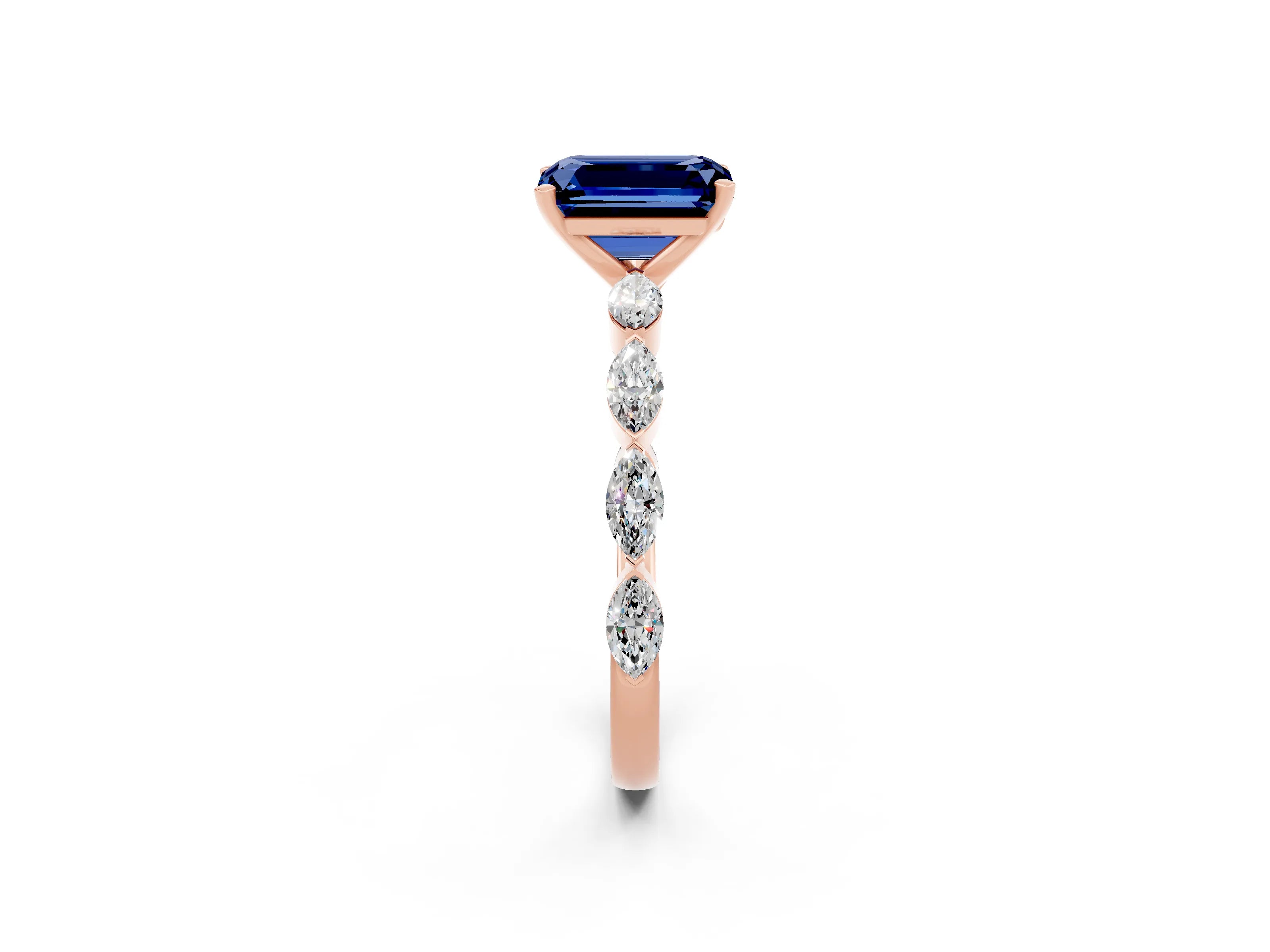 Rose gold Emerald Cut Blue Sapphire Ring with Marquise Side Stones and Prong Setting_2