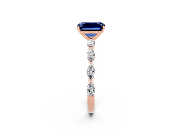 Rose gold Emerald Cut Blue Sapphire Ring with Marquise Side Stones and Prong Setting