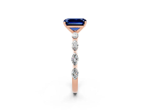 Rose gold Emerald Cut Blue Sapphire Ring with Marquise Side Stones and Prong Setting_2