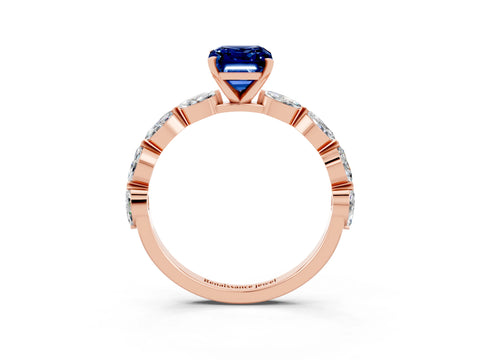 Rose gold Emerald Cut Blue Sapphire Ring with Marquise Side Stones and Prong Setting_3