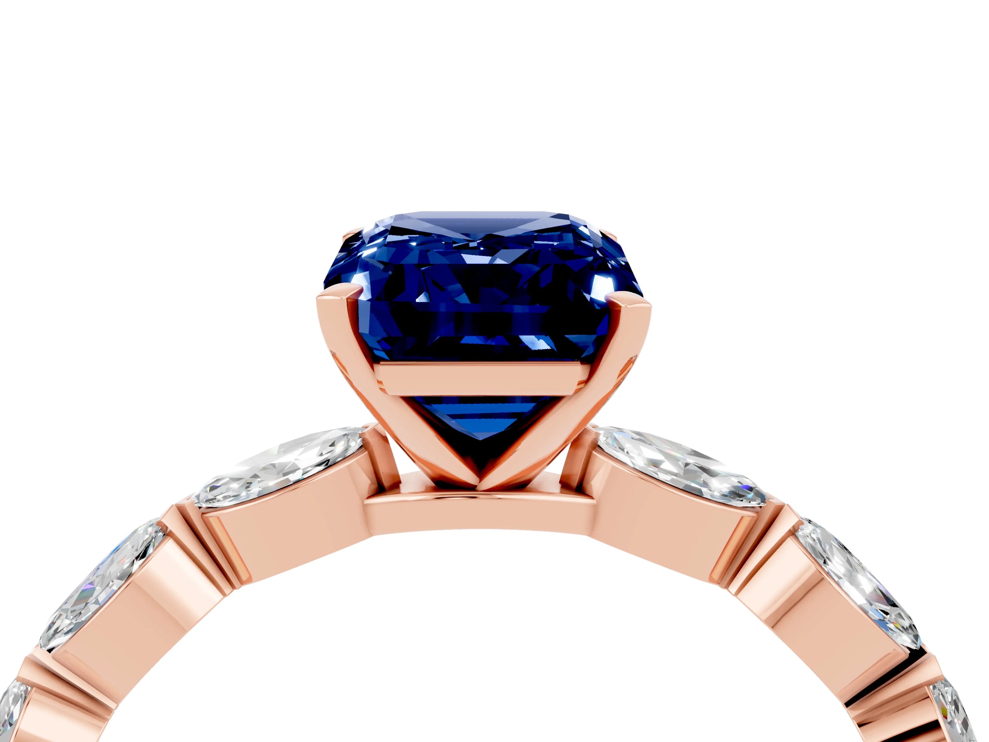 Rose gold Emerald Cut Blue Sapphire Ring with Marquise Side Stones and Prong Setting_4