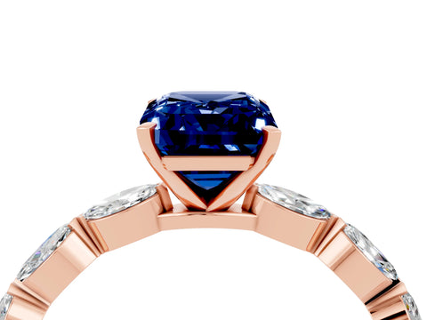 Rose gold Emerald Cut Blue Sapphire Ring with Marquise Side Stones and Prong Setting_4