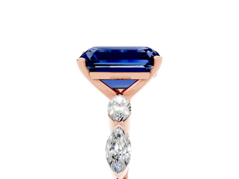 Rose gold Emerald Cut Blue Sapphire Ring with Marquise Side Stones and Prong Setting_5