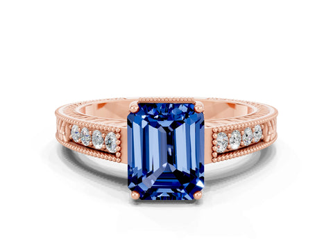 Rose gold Emerald Cut Blue Sapphire Ring with Milgrain Pavé Band and Four-Prong Setting_12