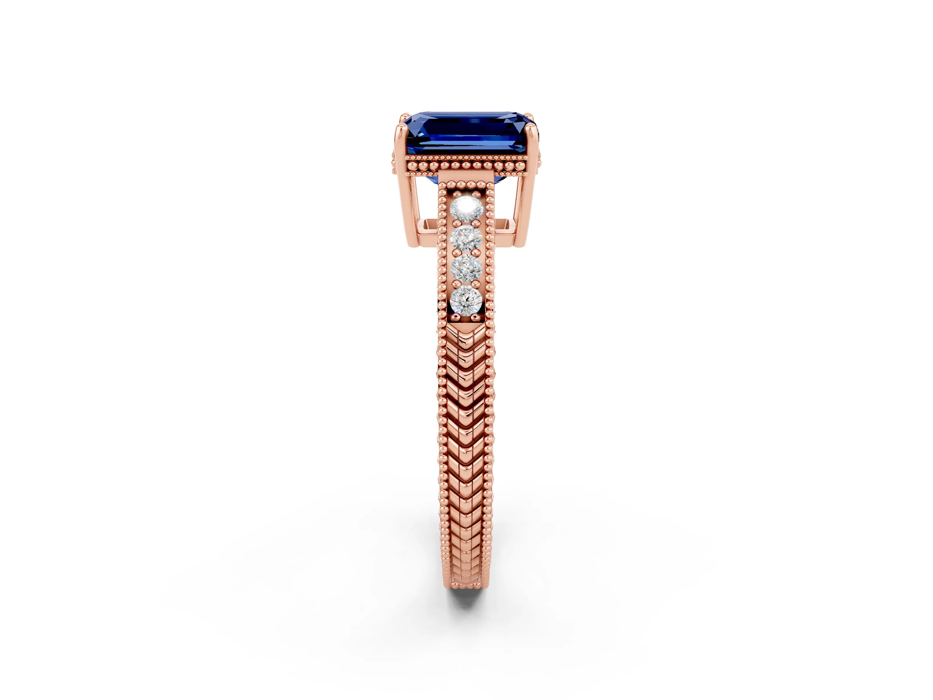 Rose gold Emerald Cut Blue Sapphire Ring with Milgrain Pavé Band and Four-Prong Setting_14