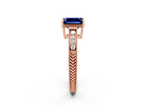Rose gold Emerald Cut Blue Sapphire Ring with Milgrain Pavé Band and Four-Prong Setting_14