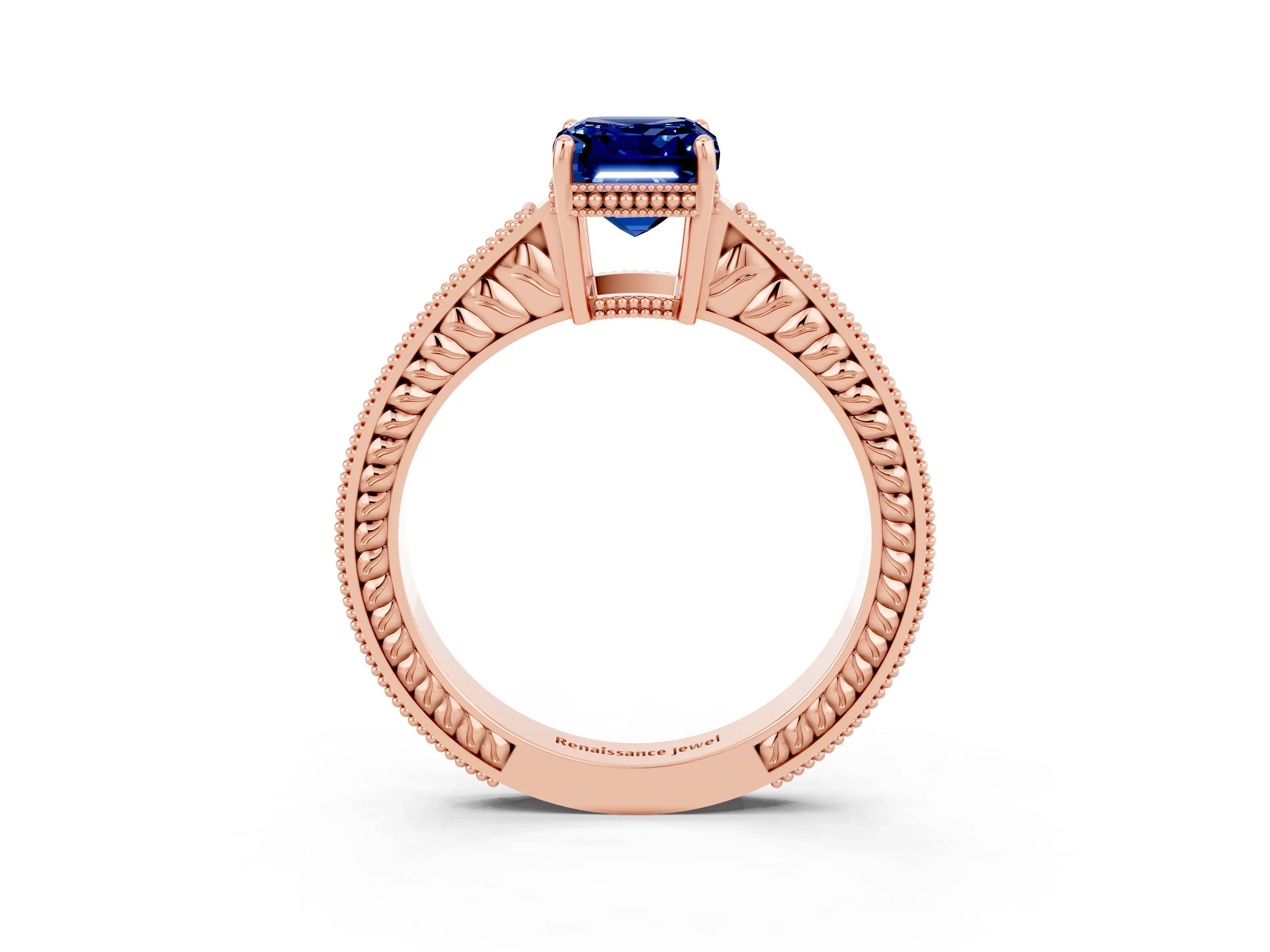 Rose gold Emerald Cut Blue Sapphire Ring with Milgrain Pavé Band and Four-Prong Setting_15