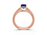 Rose gold Emerald Cut Blue Sapphire Ring with Milgrain Pavé Band and Four-Prong Setting_15