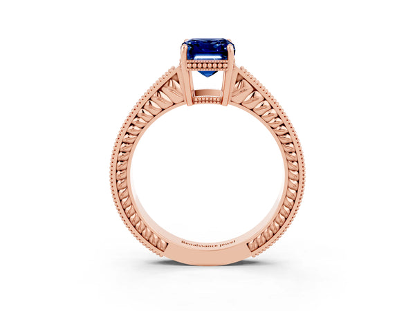 Rose gold Emerald Cut Blue Sapphire Ring with Milgrain Pavé Band and Four-Prong Setting