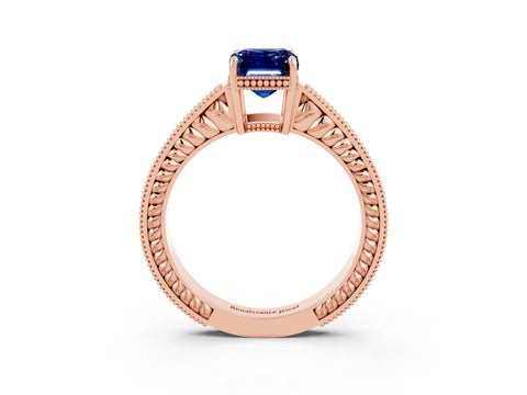 Rose gold Emerald Cut Blue Sapphire Ring with Milgrain Pavé Band and Four-Prong Setting_15