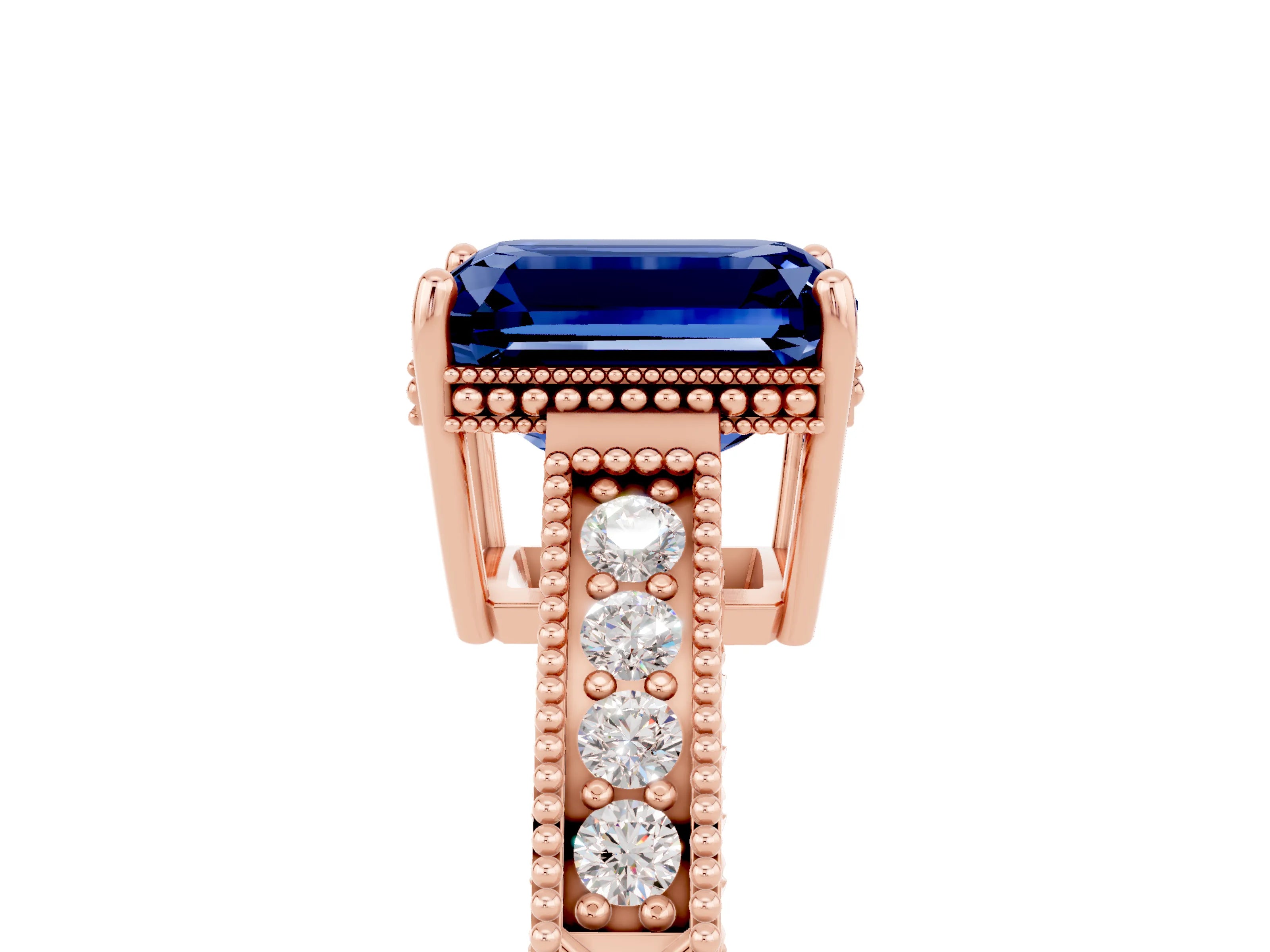 Rose gold Emerald Cut Blue Sapphire Ring with Milgrain Pavé Band and Four-Prong Setting_17