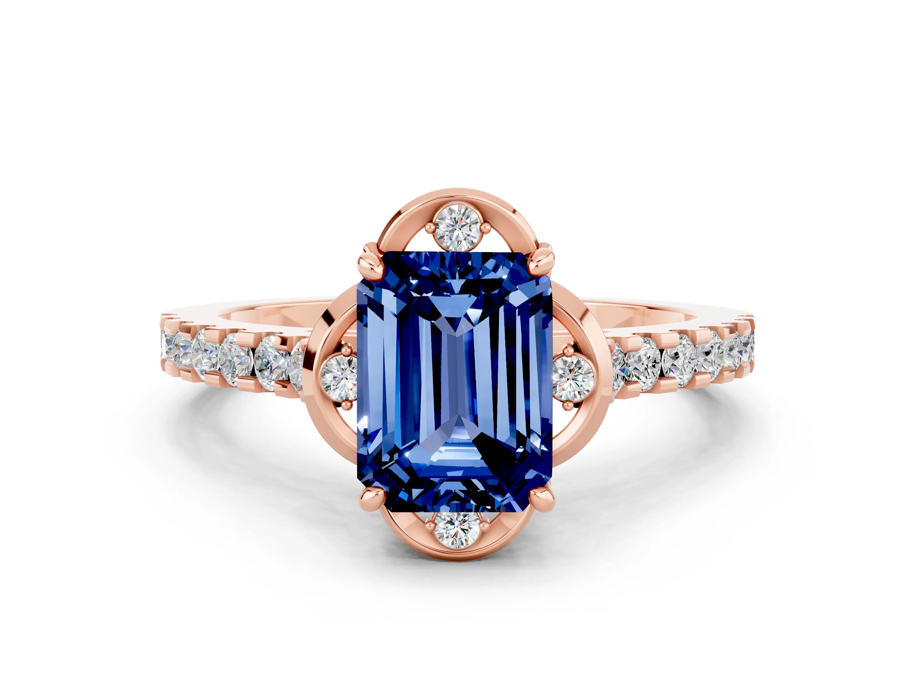 Rose gold Emerald Cut Blue Sapphire Ring with Pavé Band and Floral Prong Setting