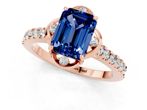 Rose gold Emerald Cut Blue Sapphire Ring with Pavé Band and Floral Prong Setting_1