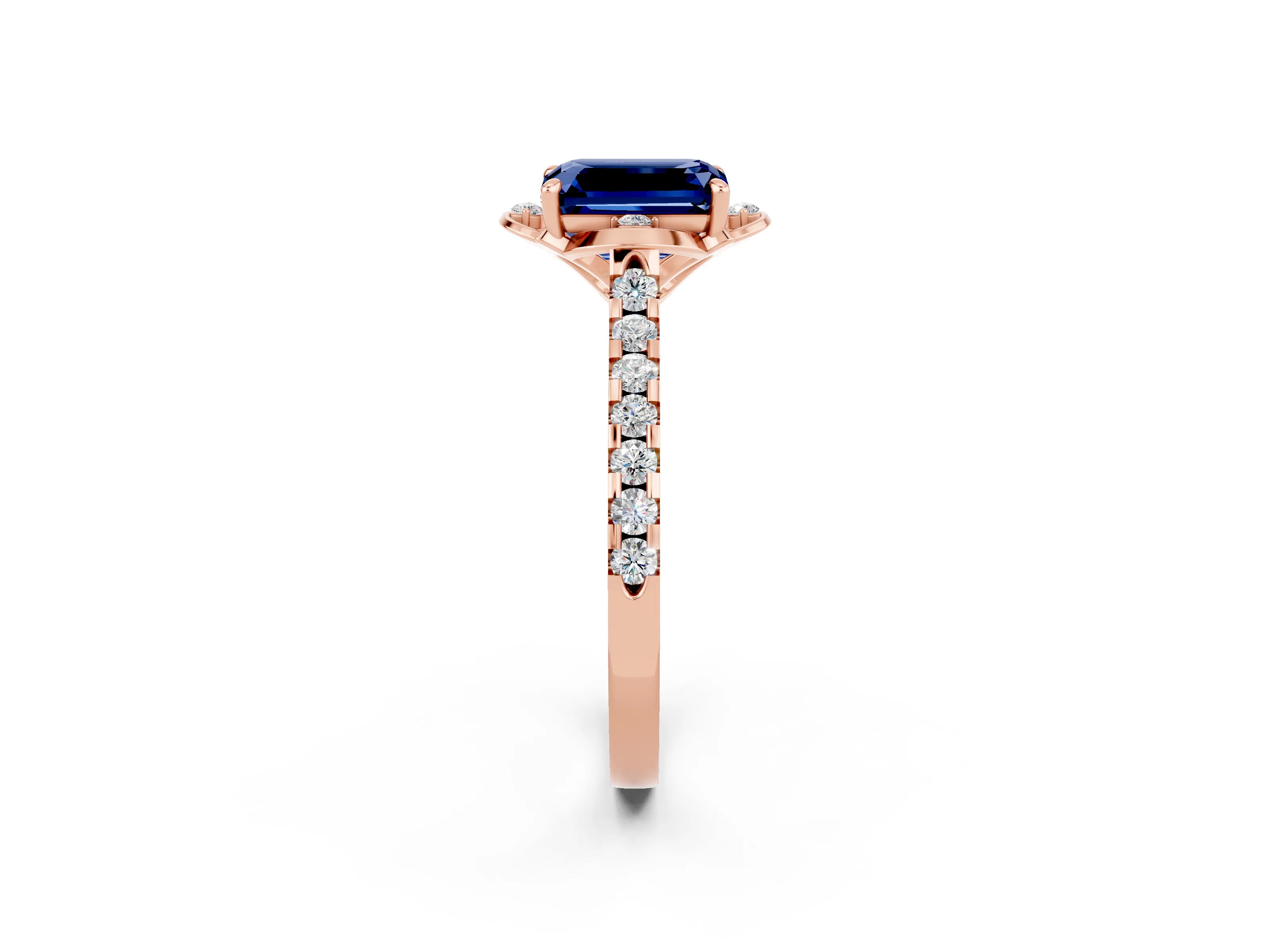 Rose gold Emerald Cut Blue Sapphire Ring with Pavé Band and Floral Prong Setting_2