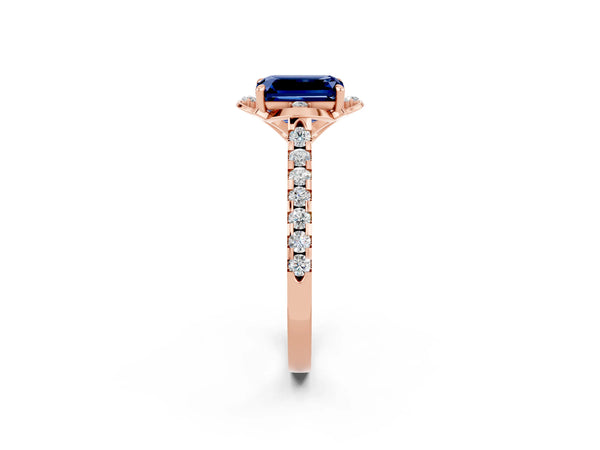 Rose gold Emerald Cut Blue Sapphire Ring with Pavé Band and Floral Prong Setting