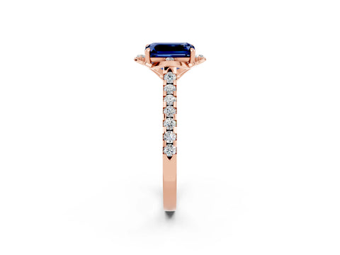 Rose gold Emerald Cut Blue Sapphire Ring with Pavé Band and Floral Prong Setting_2