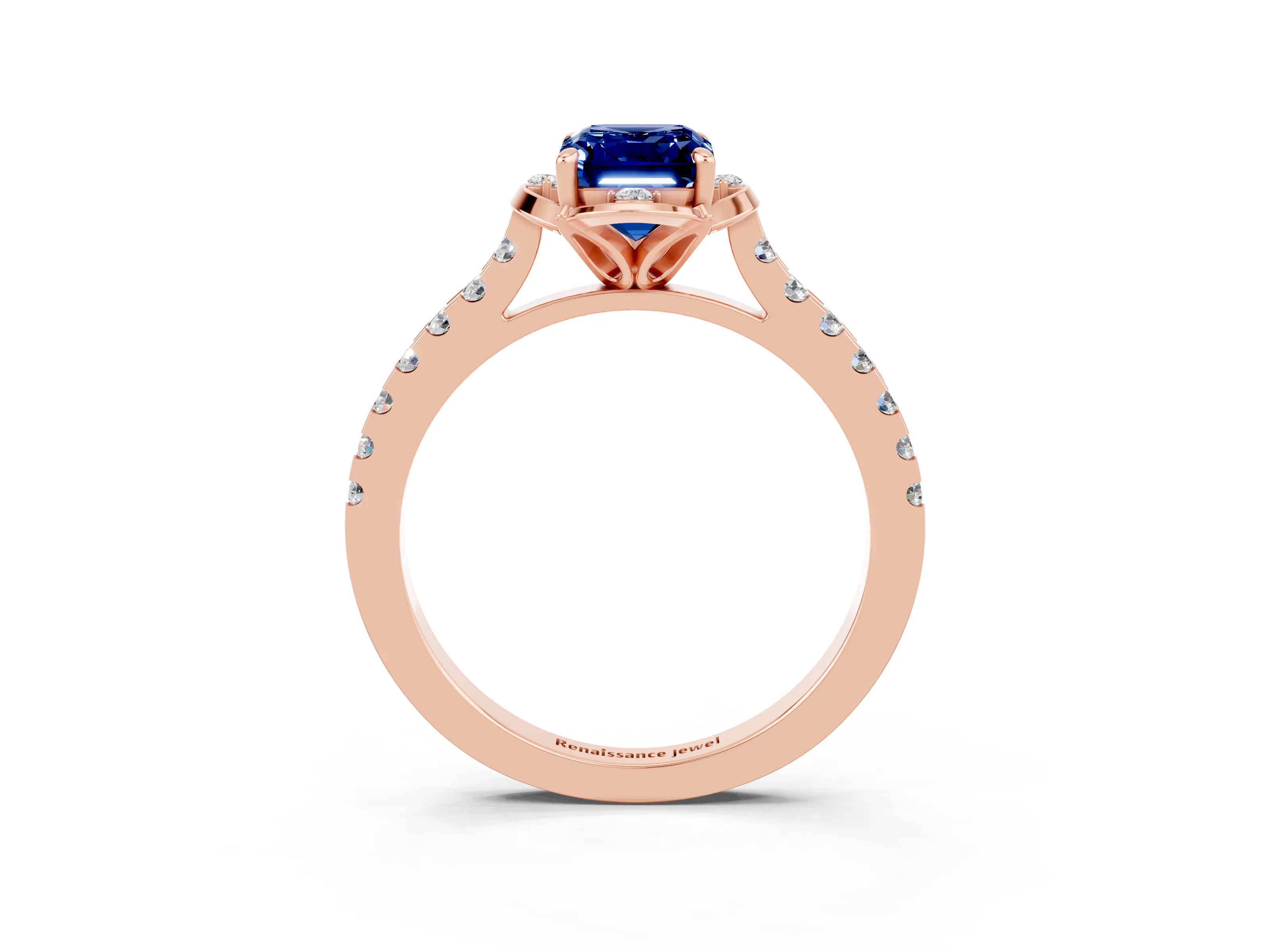 Rose gold Emerald Cut Blue Sapphire Ring with Pavé Band and Floral Prong Setting_3