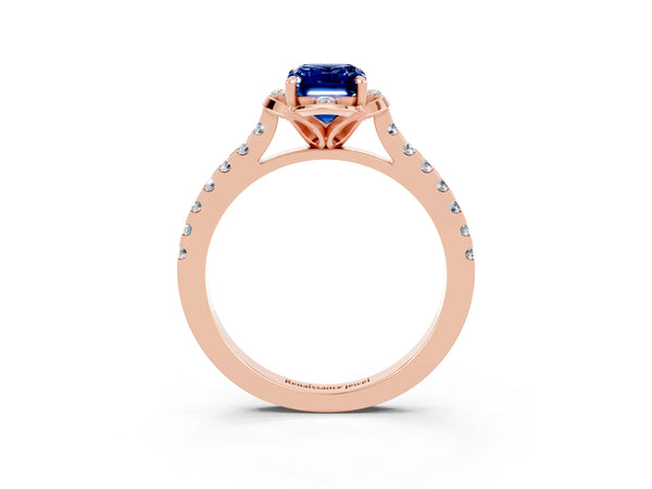 Rose gold Emerald Cut Blue Sapphire Ring with Pavé Band and Floral Prong Setting