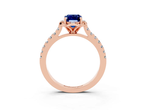 Rose gold Emerald Cut Blue Sapphire Ring with Pavé Band and Floral Prong Setting_3