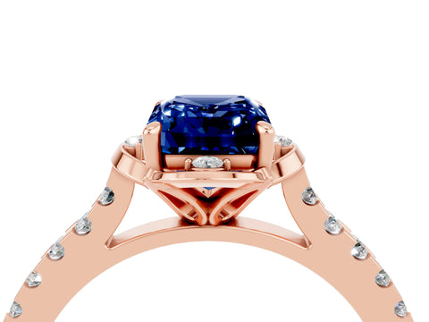 Rose gold Emerald Cut Blue Sapphire Ring with Pavé Band and Floral Prong Setting_4