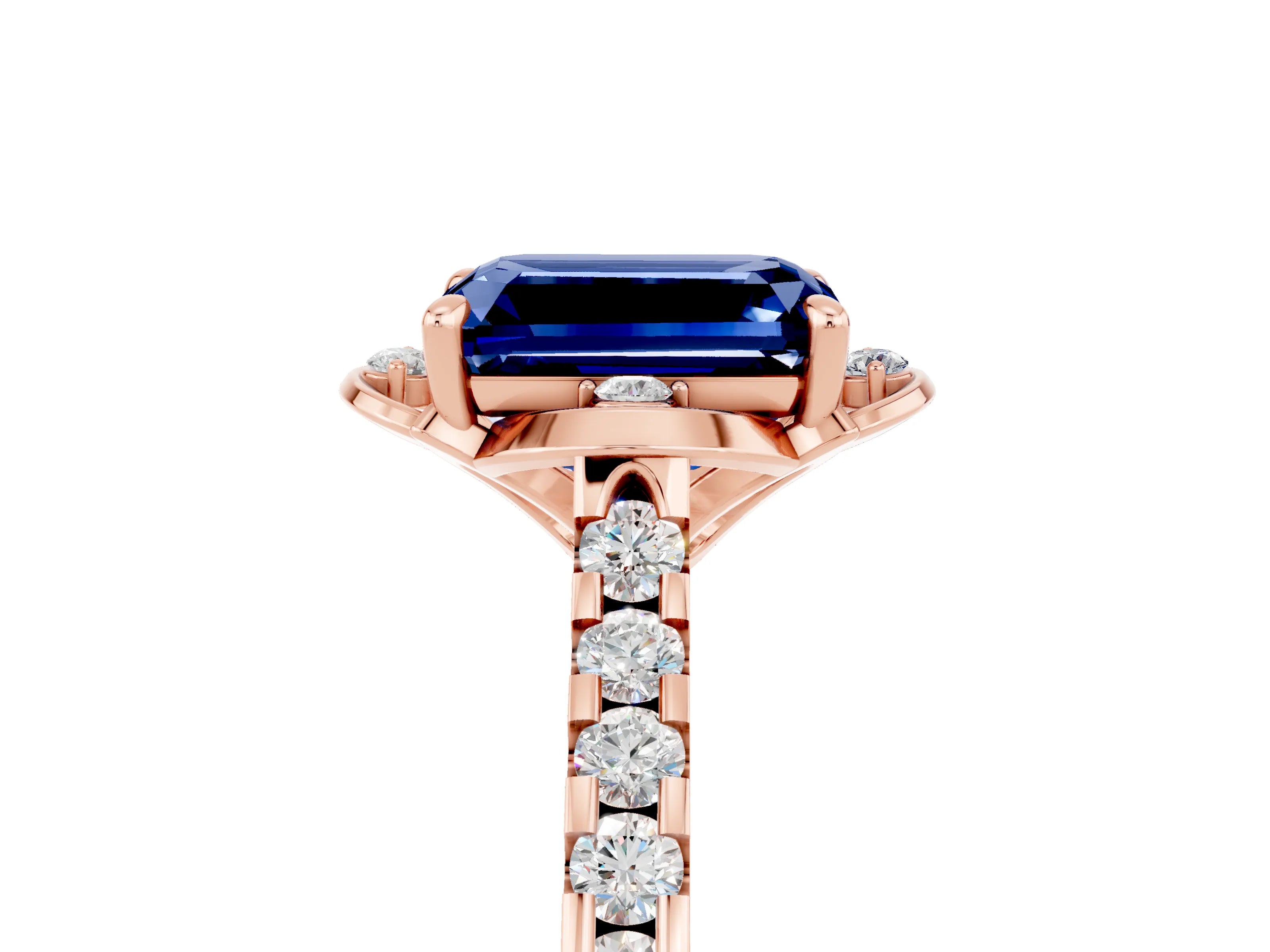 Rose gold Emerald Cut Blue Sapphire Ring with Pavé Band and Floral Prong Setting_5