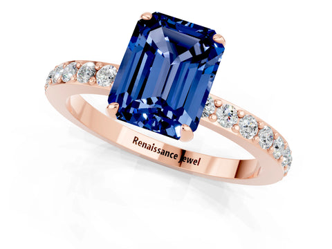 Rose gold Emerald Cut Blue Sapphire Ring with Pavé Band and Four-Prong Setting_1