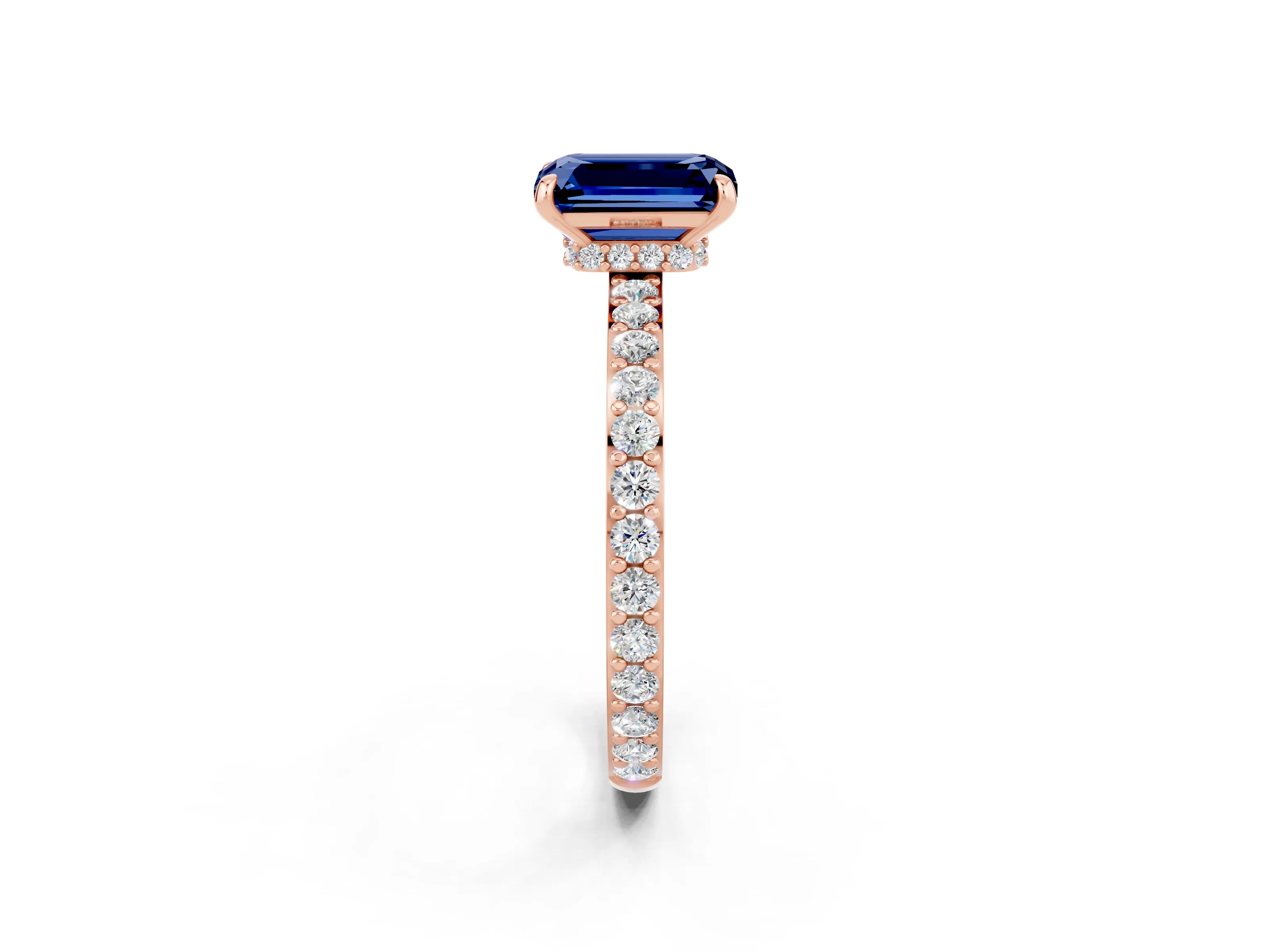 Rose gold Emerald Cut Blue Sapphire Ring with Pavé Band and Four-Prong Setting_2