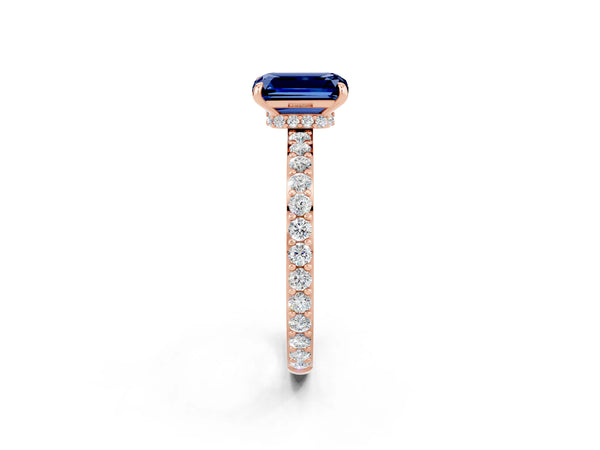 Rose gold Emerald Cut Blue Sapphire Pavé Engagement Ring with Round  Accents and Prong Setting