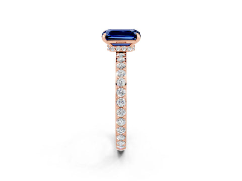 Rose gold Emerald Cut Blue Sapphire Ring with Pavé Band and Four-Prong Setting_2