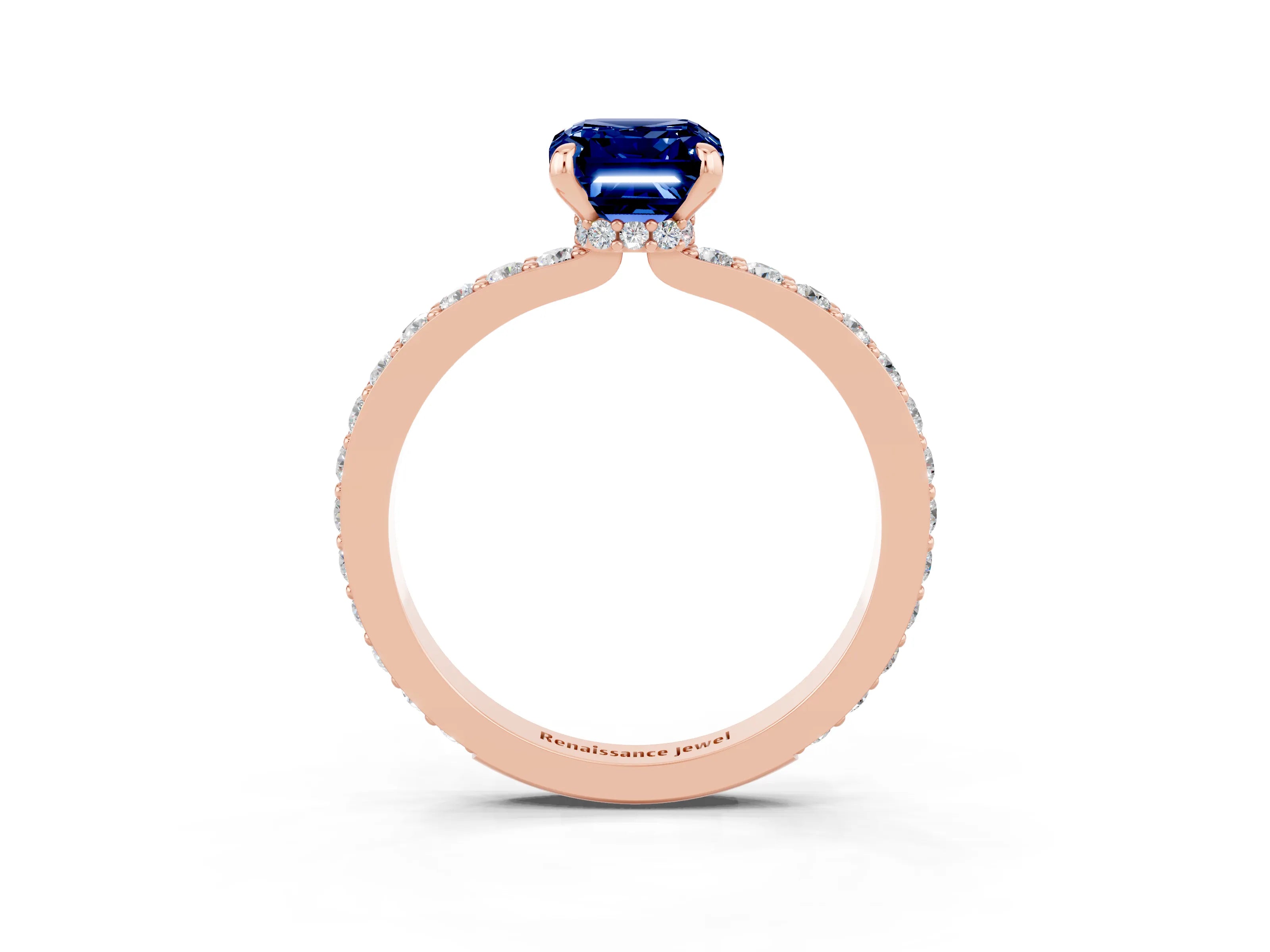 Rose gold Emerald Cut Blue Sapphire Ring with Pavé Band and Four-Prong Setting_3