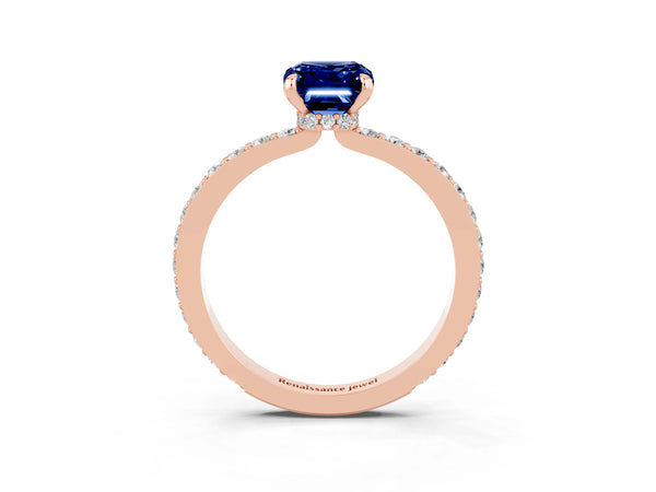 Rose gold Emerald Cut Blue Sapphire Pavé Engagement Ring with Round  Accents and Prong Setting