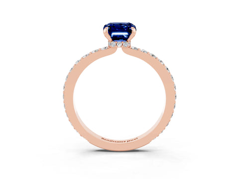 Rose gold Emerald Cut Blue Sapphire Ring with Pavé Band and Four-Prong Setting_3