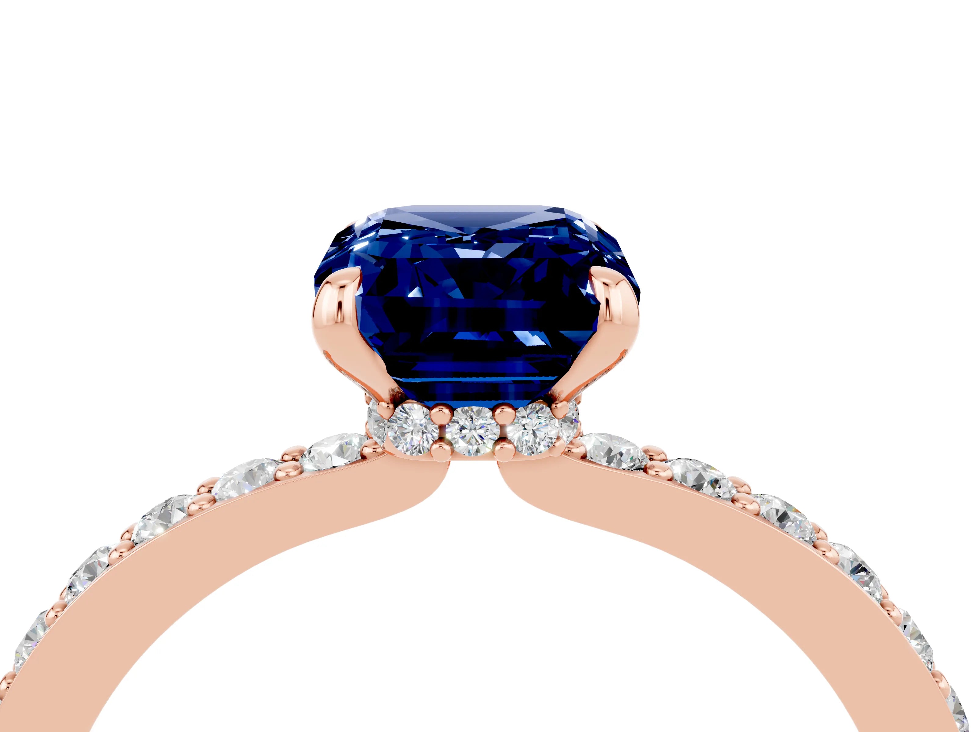 Rose gold Emerald Cut Blue Sapphire Ring with Pavé Band and Four-Prong Setting_4