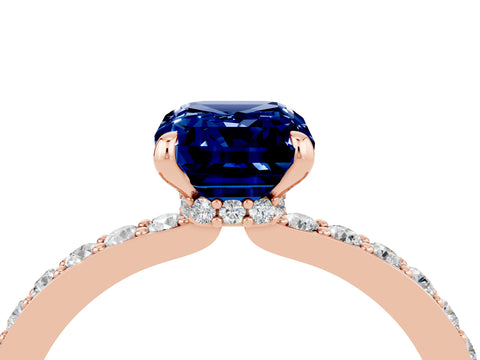 Rose gold Emerald Cut Blue Sapphire Ring with Pavé Band and Four-Prong Setting_4