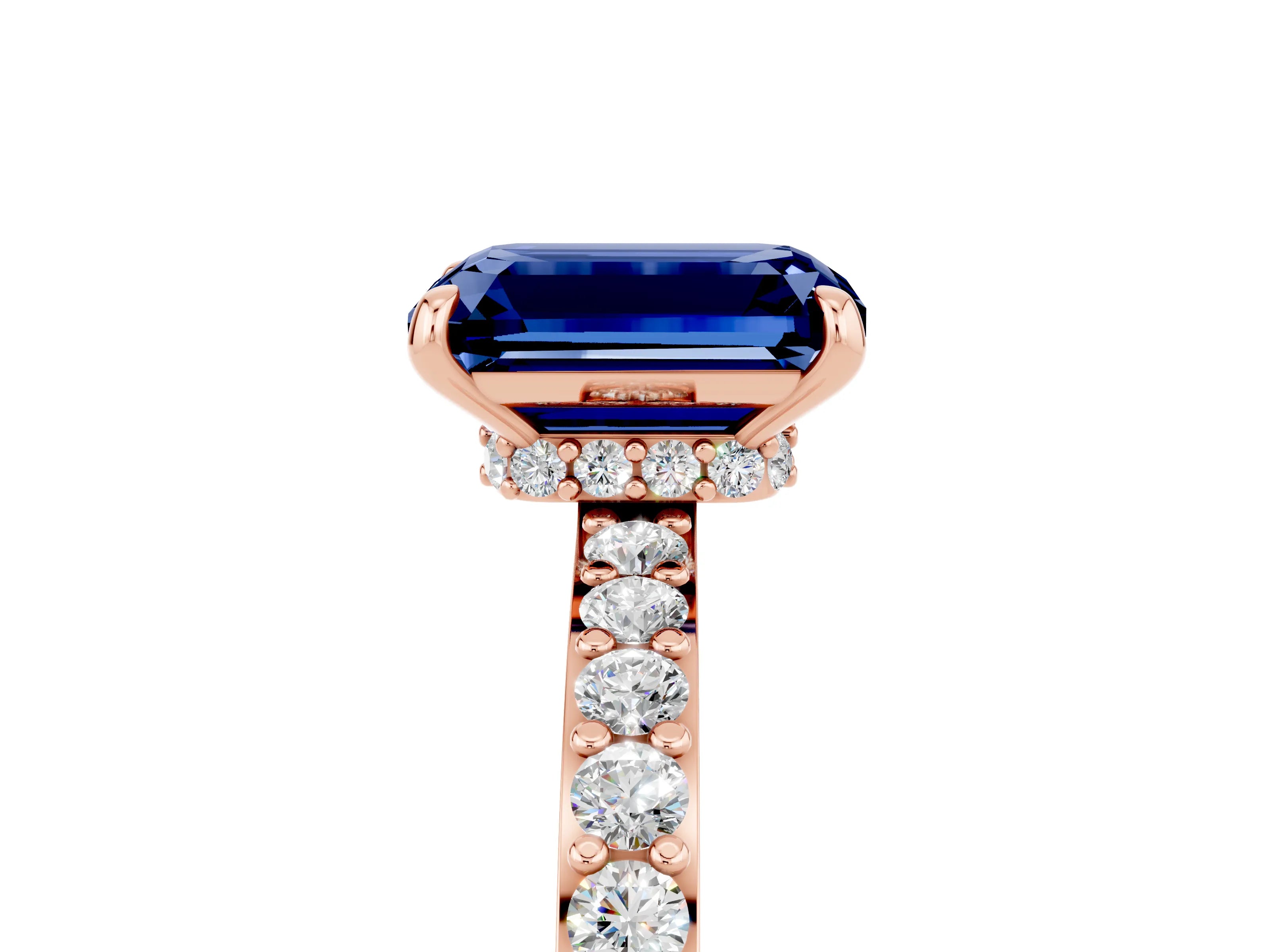 Rose gold Emerald Cut Blue Sapphire Ring with Pavé Band and Four-Prong Setting_5