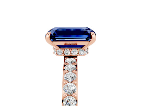Rose gold Emerald Cut Blue Sapphire Ring with Pavé Band and Four-Prong Setting_5