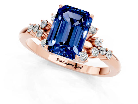 Rose gold Emerald Cut Blue Sapphire Ring with Side Stones and Four-Prong Setting_37