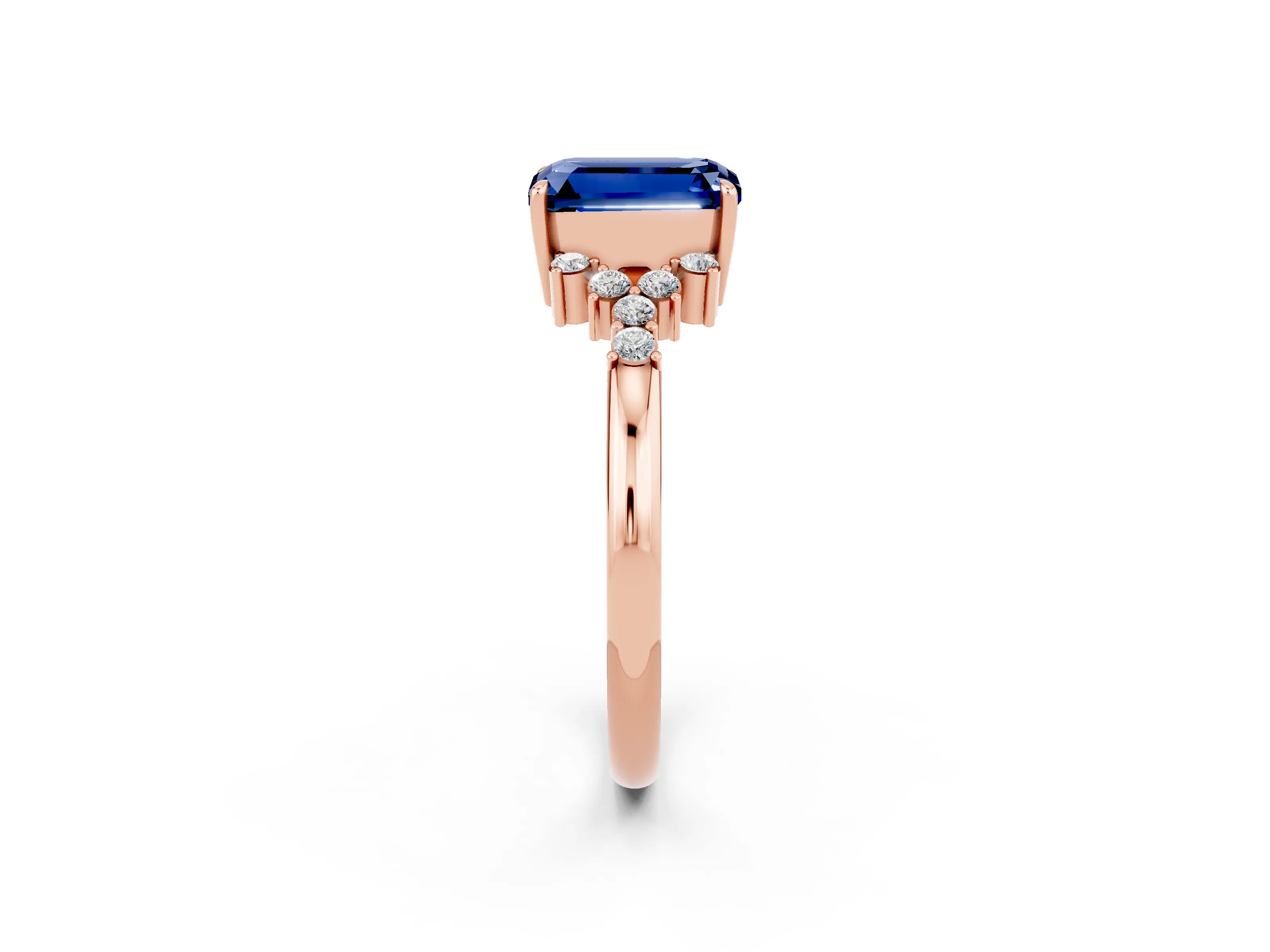 Rose gold Emerald Cut Blue Sapphire Ring with Side Stones and Four-Prong Setting_38