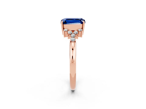 Rose gold Emerald Cut Blue Sapphire Ring with Side Stones and Four-Prong Setting_38