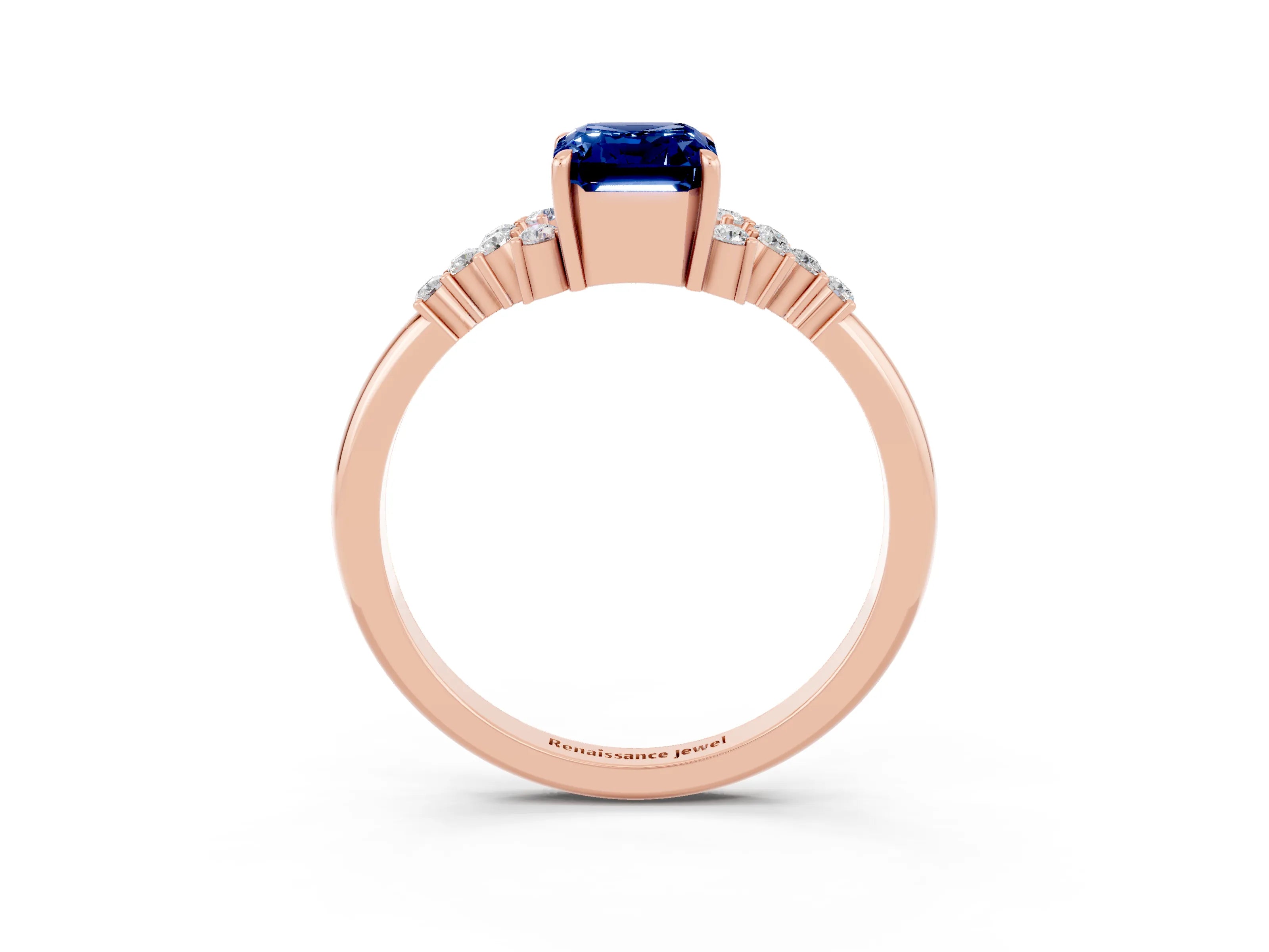 Rose gold Emerald Cut Blue Sapphire Ring with Side Stones and Four-Prong Setting_39