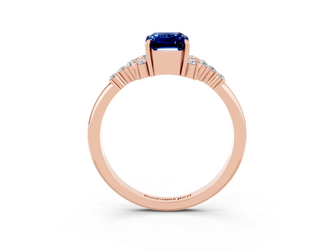 Rose gold Emerald Cut Blue Sapphire Ring with Side Stones and Four-Prong Setting_39