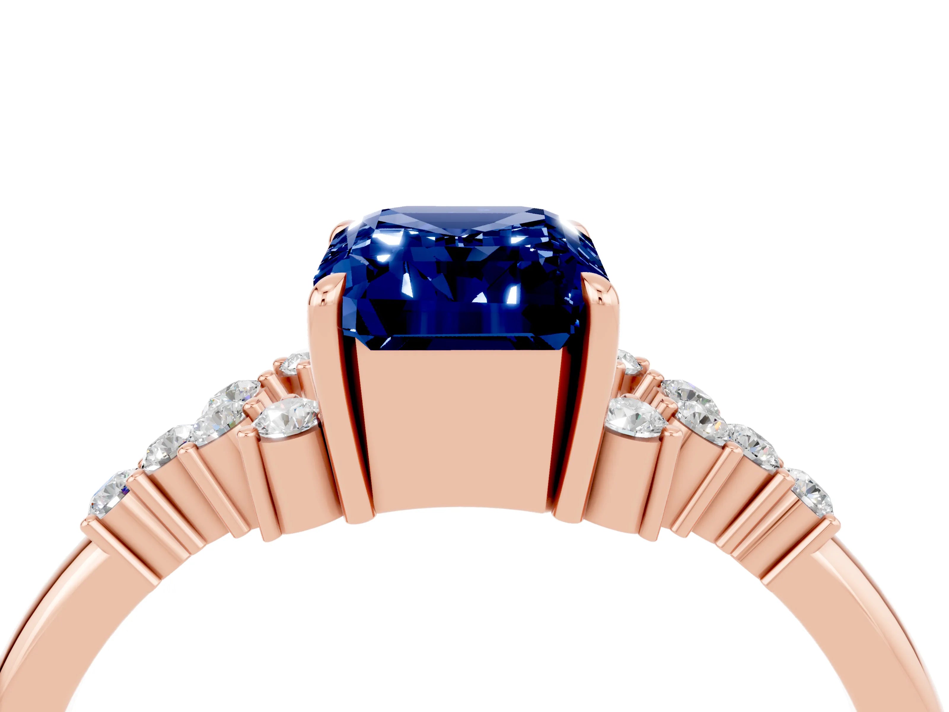 Rose gold Emerald Cut Blue Sapphire Ring with Side Stones and Four-Prong Setting_40