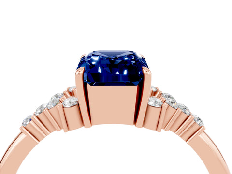 Rose gold Emerald Cut Blue Sapphire Ring with Side Stones and Four-Prong Setting_40