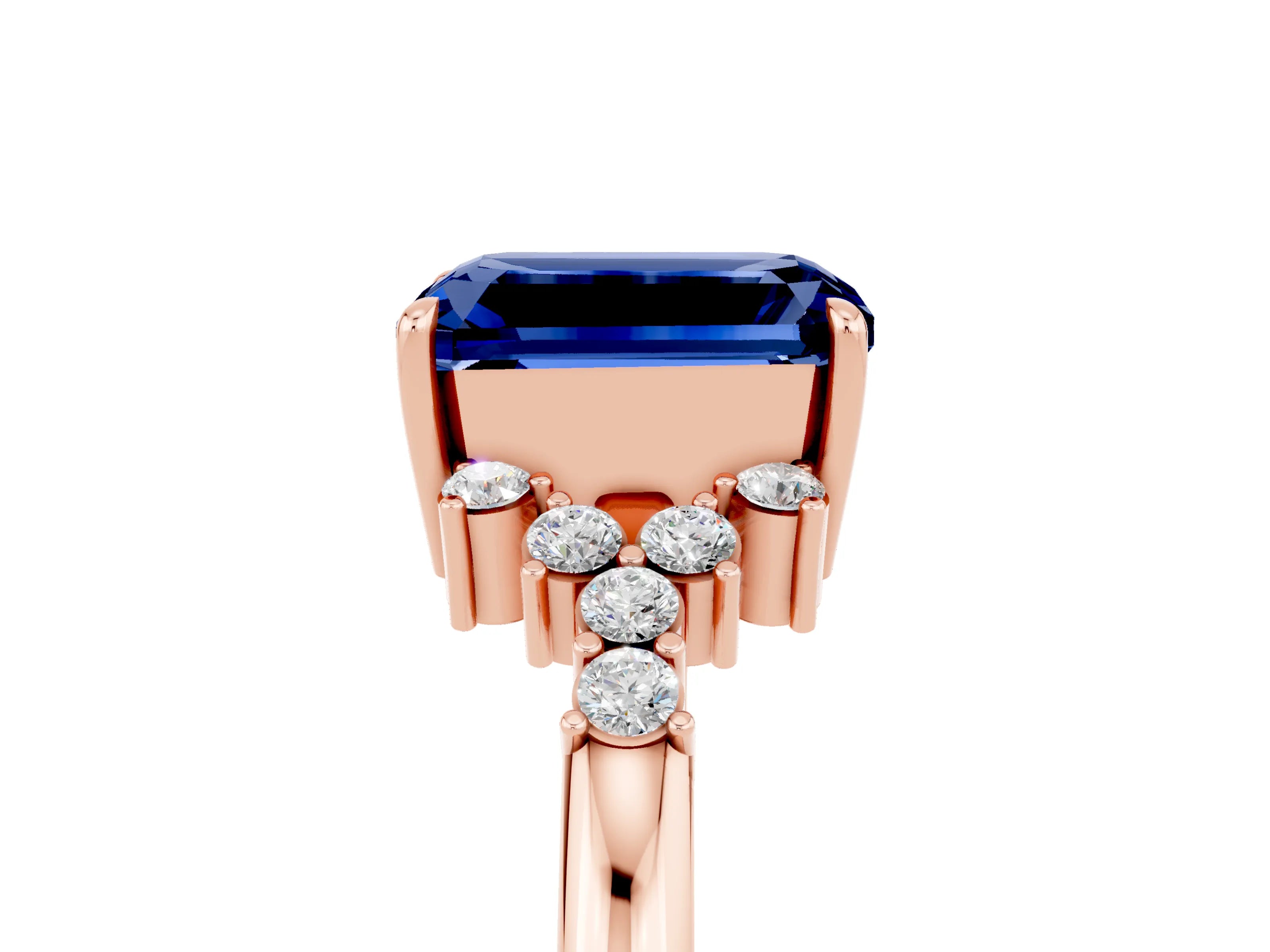 Rose gold Emerald Cut Blue Sapphire Ring with Side Stones and Four-Prong Setting_41