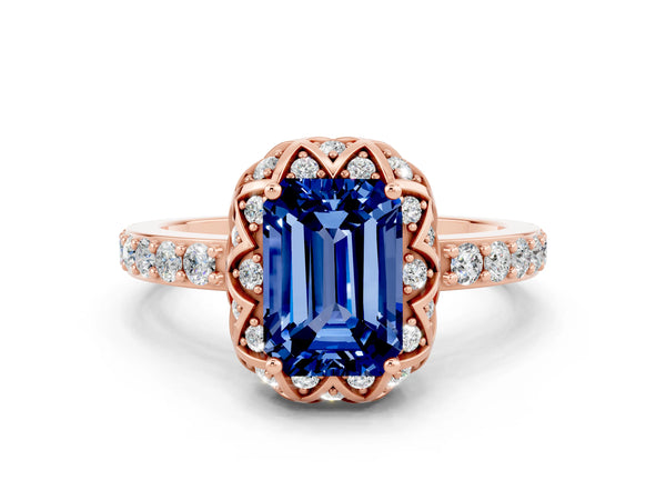 Rose gold Emerald Cut Blue Sapphire Scalloped Halo Engagement Ring with Round Shared Prong Band