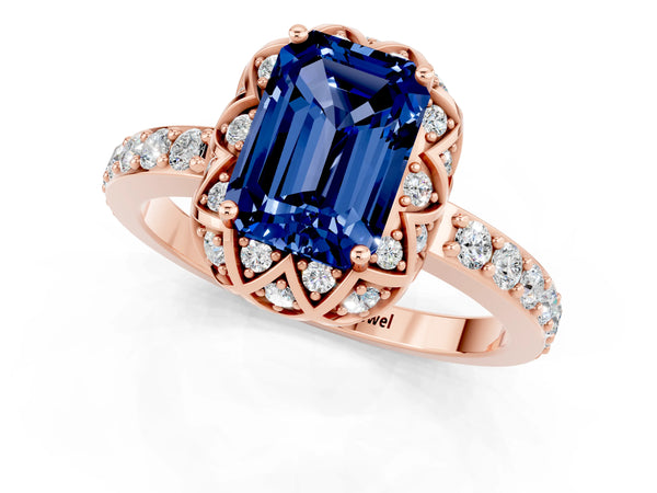 Rose gold Emerald Cut Blue Sapphire Scalloped Halo Engagement Ring with Round Shared Prong Band