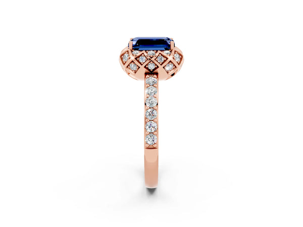 Rose gold Emerald Cut Blue Sapphire Scalloped Halo Engagement Ring with Round Shared Prong Band
