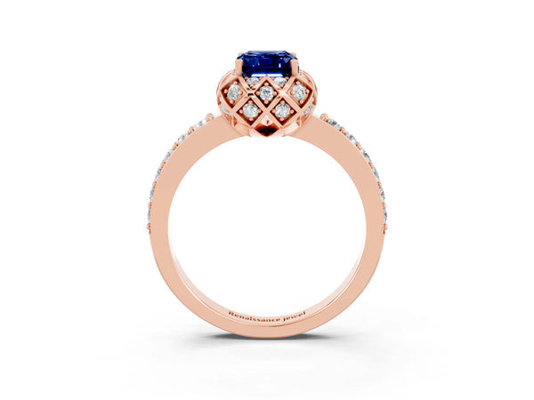 Rose gold Emerald Cut Blue Sapphire Scalloped Halo Engagement Ring with Round Shared Prong Band