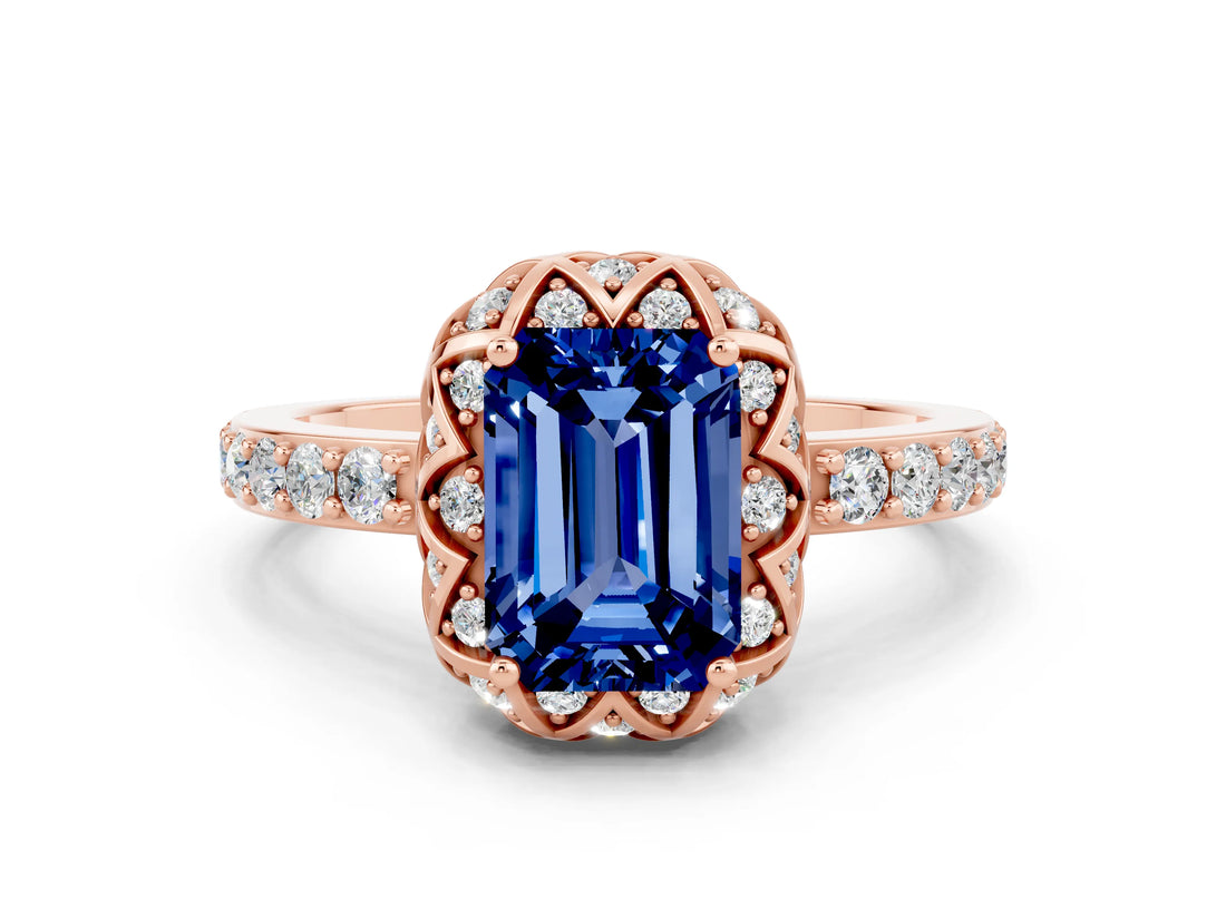 Rose gold Emerald Cut Blue Sapphire Scalloped Halo Engagement Ring with Round Shared Prong Band_24